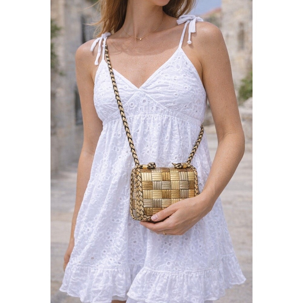 CEM Woven Leather Metallic Crossbody Bag Gold Bronze Small Braided Strap Vintage